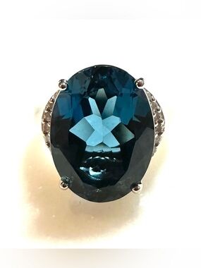 London Blue Topaz with White Diamonds Rhodium Over Sterling Silver Ring 10.62ctw
